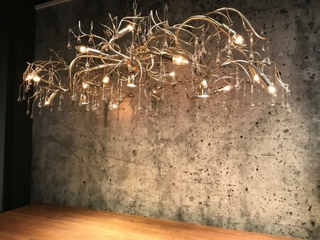 Como -    Hanglamp metaal + onderspot en glasdruppels, Bladzilver